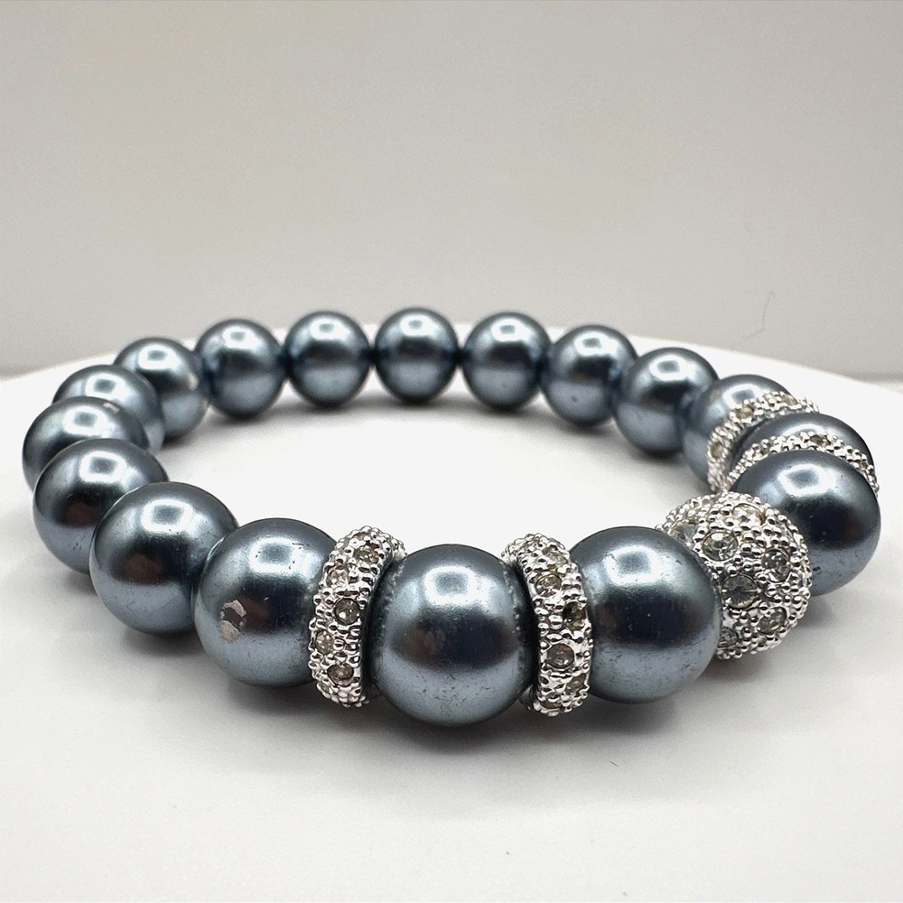 Vintage 90s Gray Pearl Beaded Stretch Bracelet Silver Tone‎ Rhinestone Jewelry